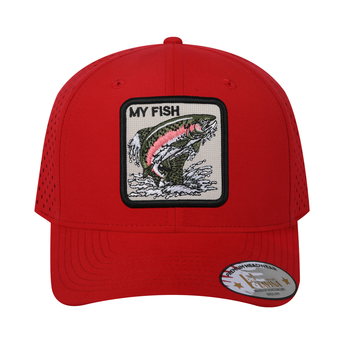 My Fish 6-Panel Microfiber Laser Hole Trucker Hat with Red front and Red back
