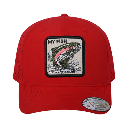 My Fish 6-Panel Microfiber Laser Hole Trucker Hat with Red front and Red back
