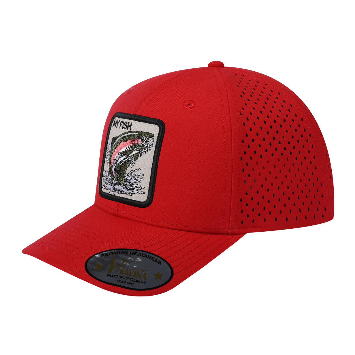 Embroidered The My Fish - 6 Panel Microfiber Laser hole Trucker Hat - Red/Red