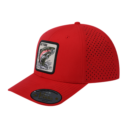 Embroidered The My Fish - 6 Panel Microfiber Laser hole Trucker Hat - Red/Red