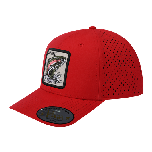 Embroidered The My Fish - 6 Panel Microfiber Laser hole Trucker Hat - Red/Red