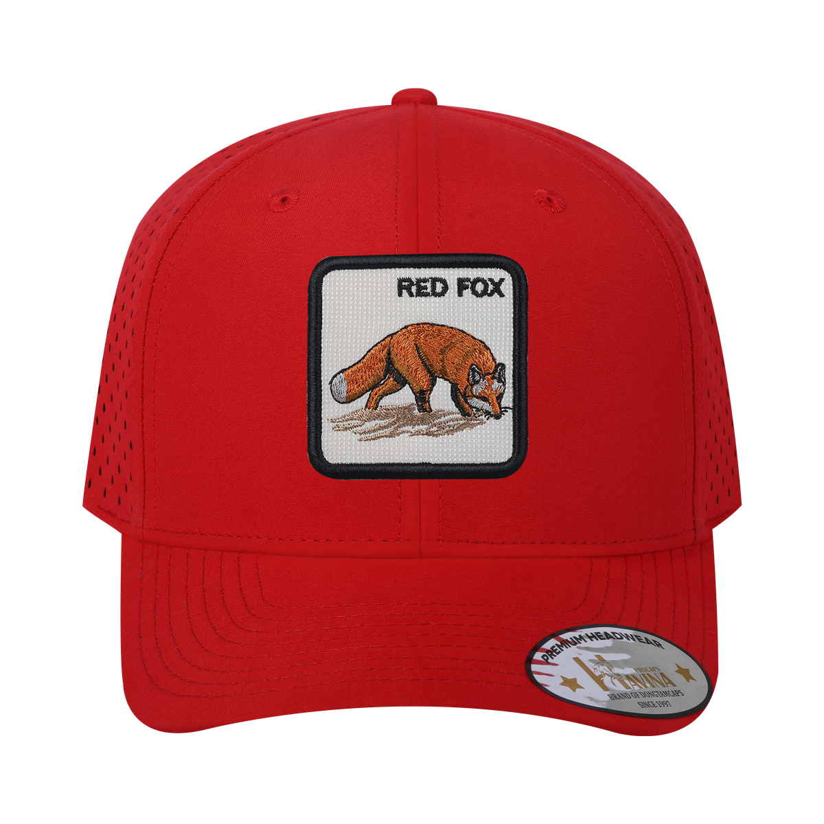 Red Fox 6-Panel Microfiber Laser Hole Trucker Hat with Red front and Red back