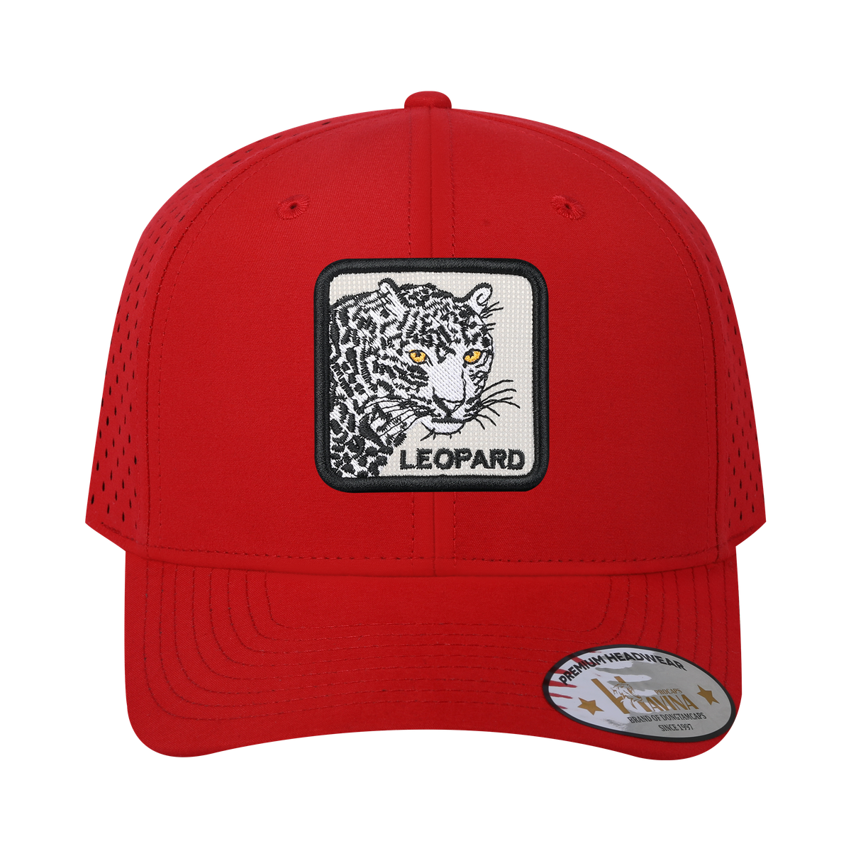 Leopard 6-Panel Microfiber Laser Hole Trucker Hat with Red front and Red back