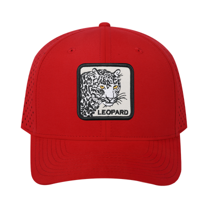 Leopard 6-Panel Microfiber Laser Hole Trucker Hat with Red front and Red back
