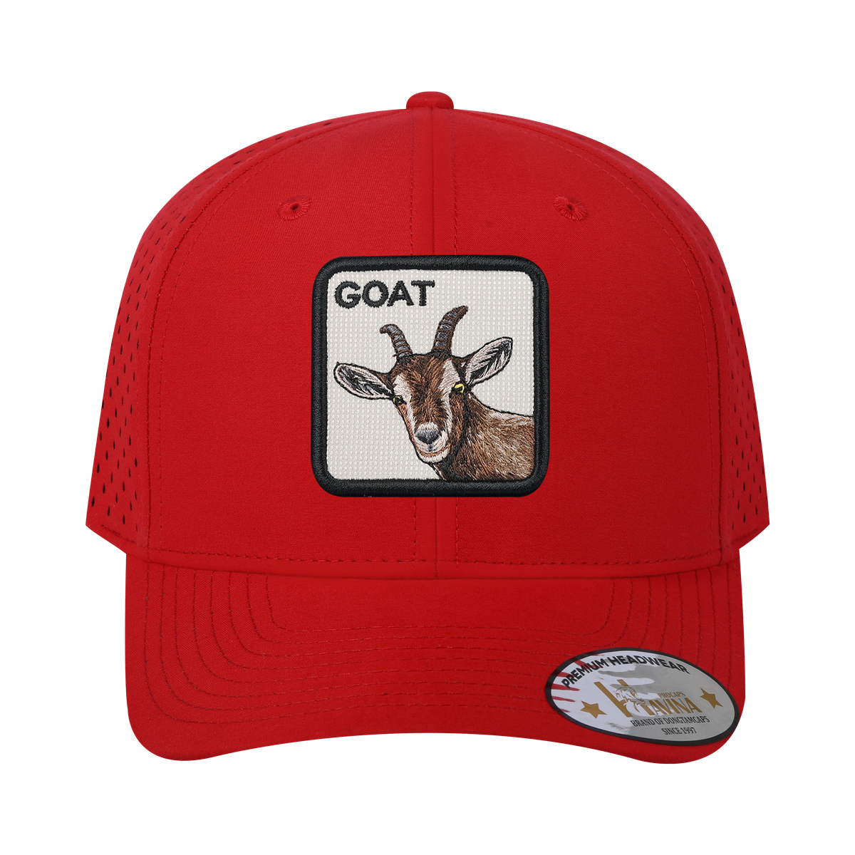 Goat 6-Panel Microfiber Laser Hole Trucker Hat with Red front and Red back