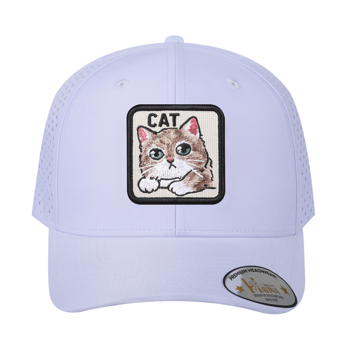 Cat 6-Panel Microfiber Laser Hole Trucker Hat with White front and White back
