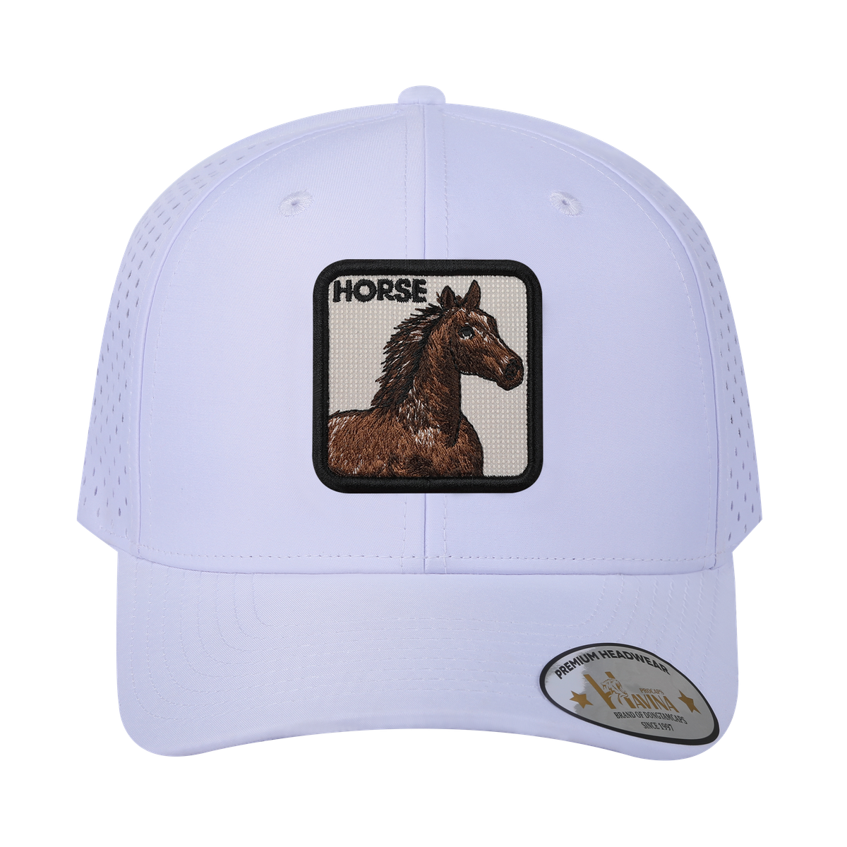 Horse 6-Panel Microfiber Laser Hole Trucker Hat with White front and White back