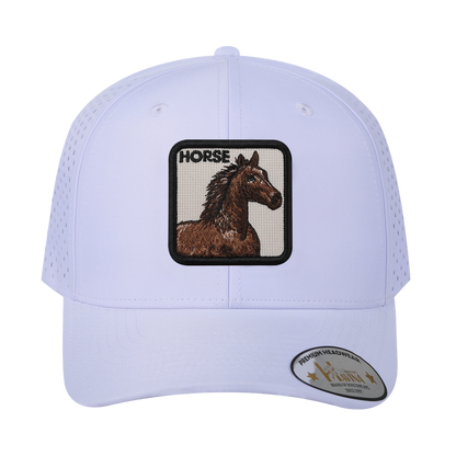 Horse 6-Panel Microfiber Laser Hole Trucker Hat with White front and White back