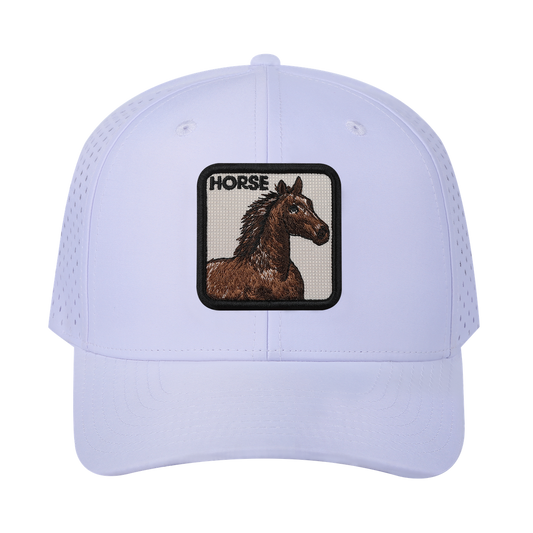 Horse 6-Panel Microfiber Laser Hole Trucker Hat with White front and White back