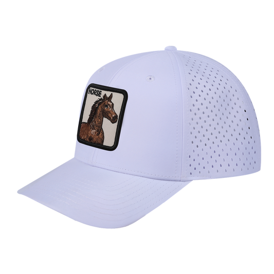 Horse 6-Panel Microfiber Laser Hole Trucker Hat with White front and White back