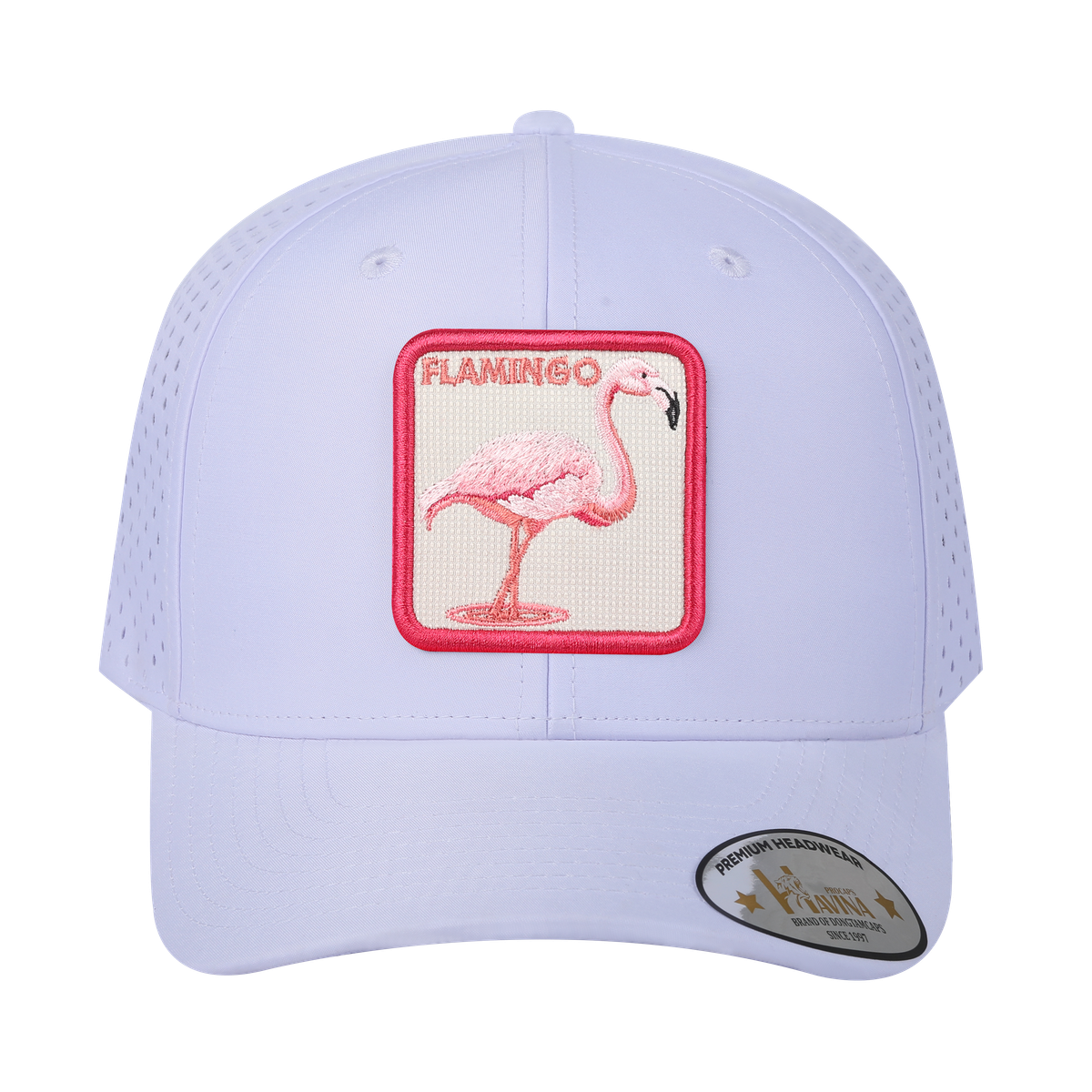 Flamingo 6-Panel Microfiber Laser Hole Trucker Hat with White front and White back