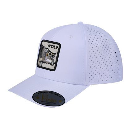 Wolf 6-Panel Microfiber Laser Hole Trucker Hat with White front and White back