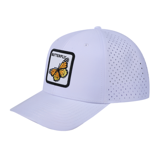 Butterfly 6-Panel Microfiber Laser Hole Trucker Hat with White front and White back