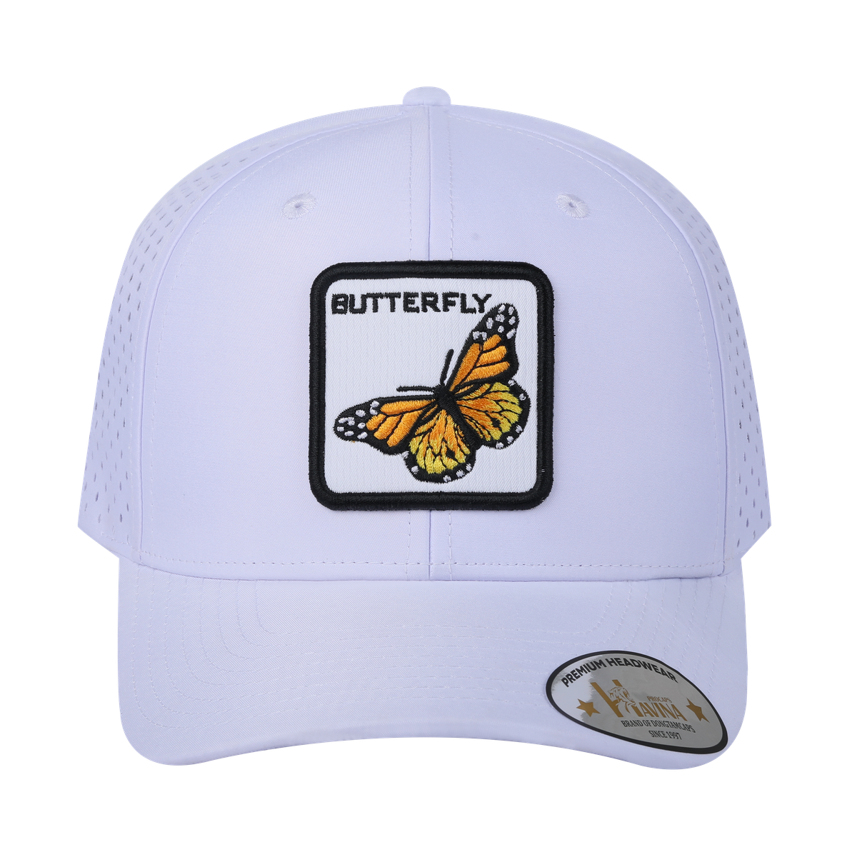 Butterfly 6-Panel Microfiber Laser Hole Trucker Hat with White front and White back