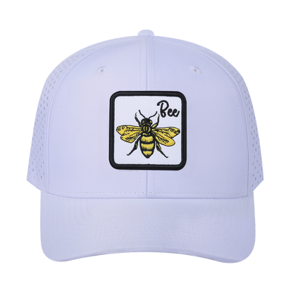 Bee 6-Panel Microfiber Laser Hole Trucker Hat with White front and White back