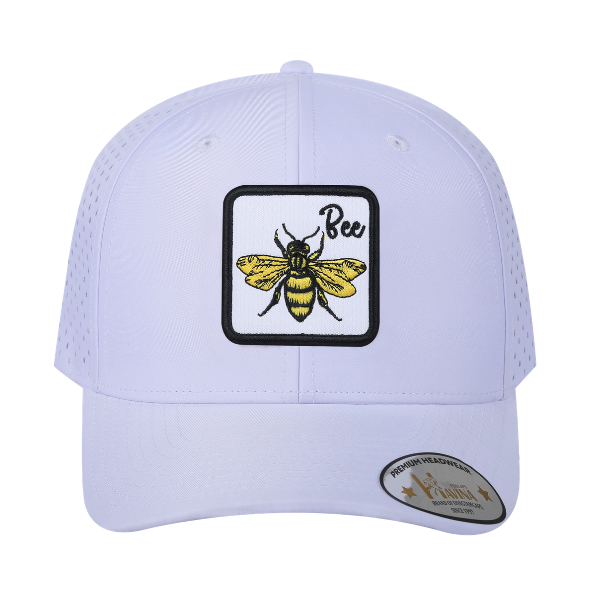 Bee 6-Panel Microfiber Laser Hole Trucker Hat with White front and White back