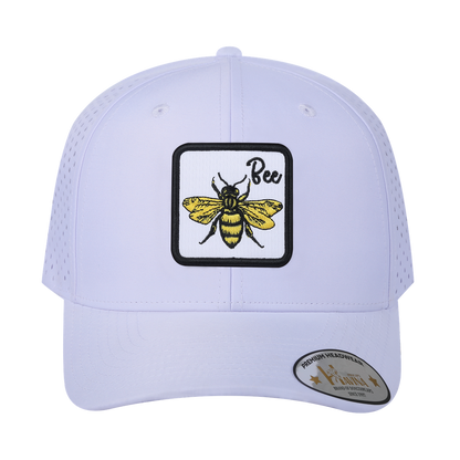 Bee 6-Panel Microfiber Laser Hole Trucker Hat with White front and White back