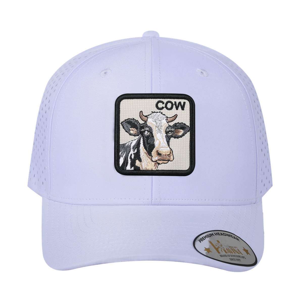 Cow 6-Panel Microfiber Laser Hole Trucker Hat with White front and White back