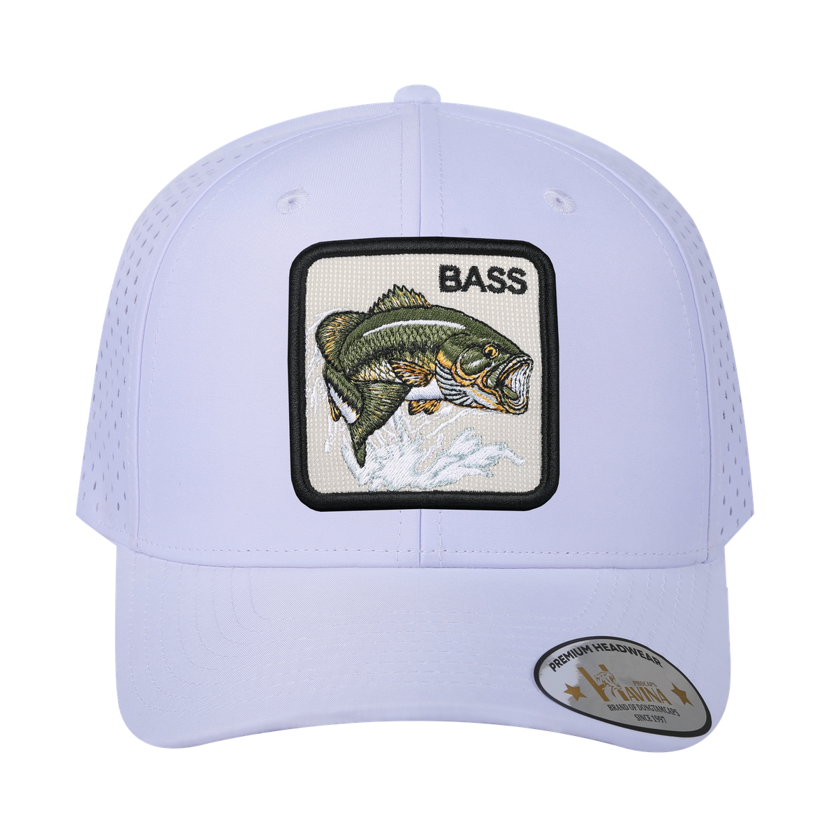 Bass 6-Panel Microfiber Laser Hole Trucker Hat with White front and White back