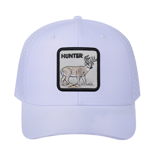 Hunter 6-Panel Microfiber Laser Hole Trucker Hat with White front and White back