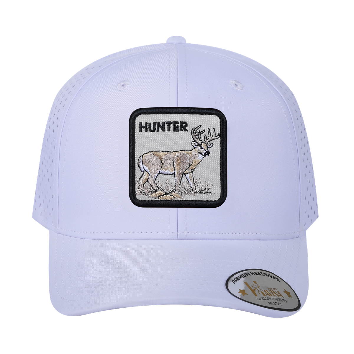 Hunter 6-Panel Microfiber Laser Hole Trucker Hat with White front and White back