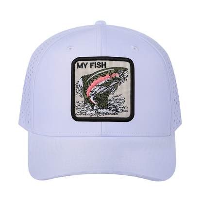 My Fish 6-Panel Microfiber Laser Hole Trucker Hat with White front and White back