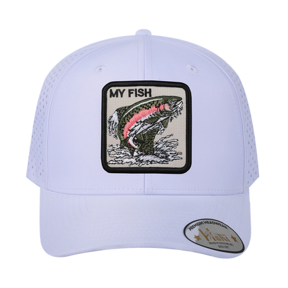 My Fish 6-Panel Microfiber Laser Hole Trucker Hat with White front and White back