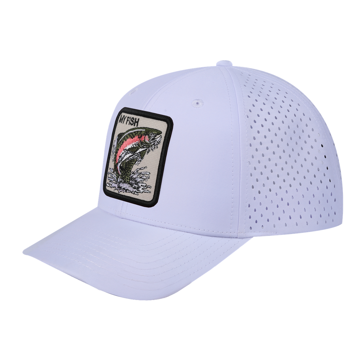 My Fish 6-Panel Microfiber Laser Hole Trucker Hat with White front and White back
