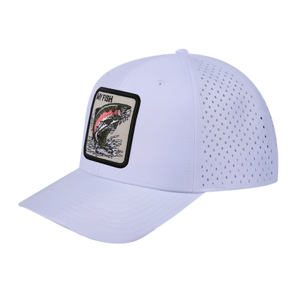 My Fish 6-Panel Microfiber Laser Hole Trucker Hat with White front and White back