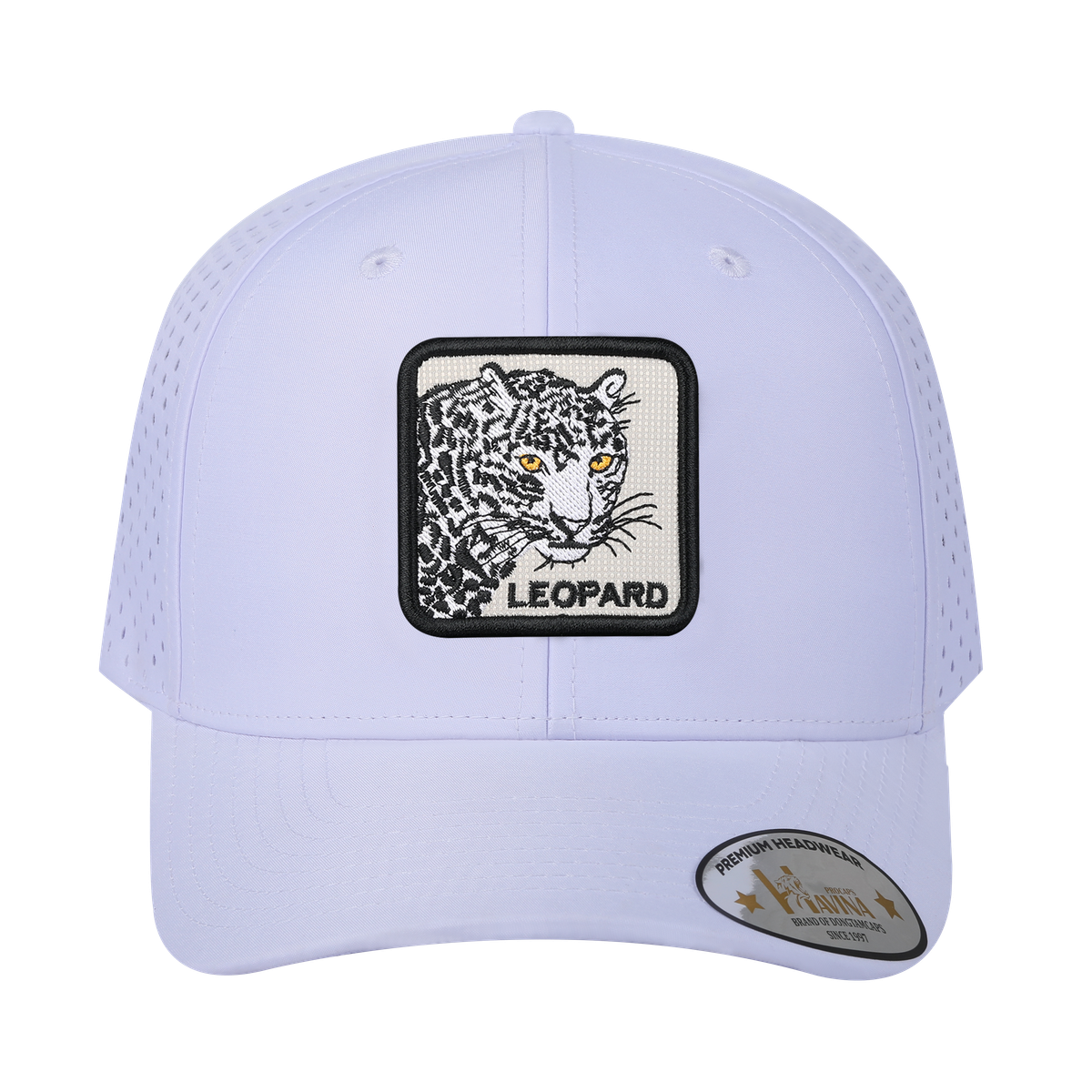 Leopard 6-Panel Microfiber Laser Hole Trucker Hat with White front and White back