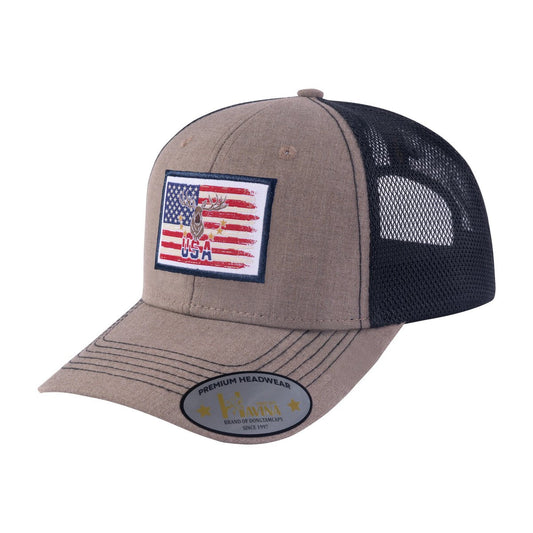 Embroidered US Deer Hunter - 6 Panel Trucker Hat - Light Brown