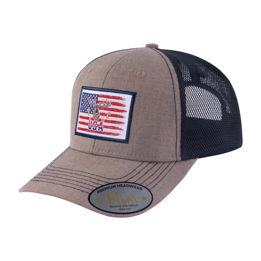 Embroidered Usa Deer Hunter - 6 Panel Trucker Hat - Light Brown