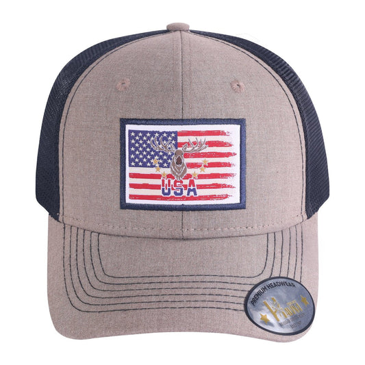 Embroidered Usa Deer Hunter - 6 Panel Trucker Hat - Light Brown