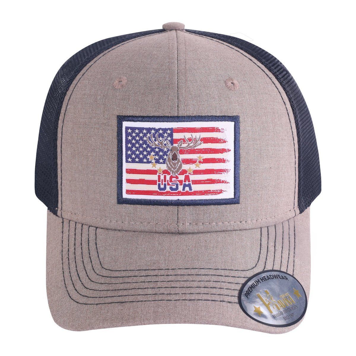 USA Deer Hunter 6-Panel Trucker Hat with Light Brown front and Black back