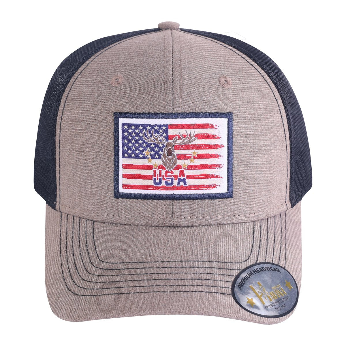 USA Deer Hunter 6-Panel Trucker Hat with Light Brown front and Black back