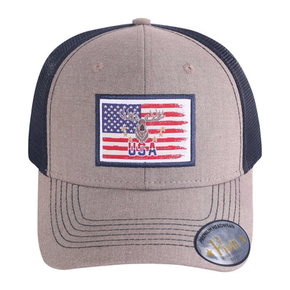 USA Deer Hunter 6-Panel Trucker Hat with Light Brown front and Black back