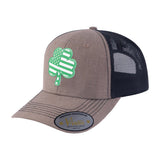 St. Patrick's Day Four Leaf Shamrock 6-Panel Trucker Hat with Light Brown front and Black back