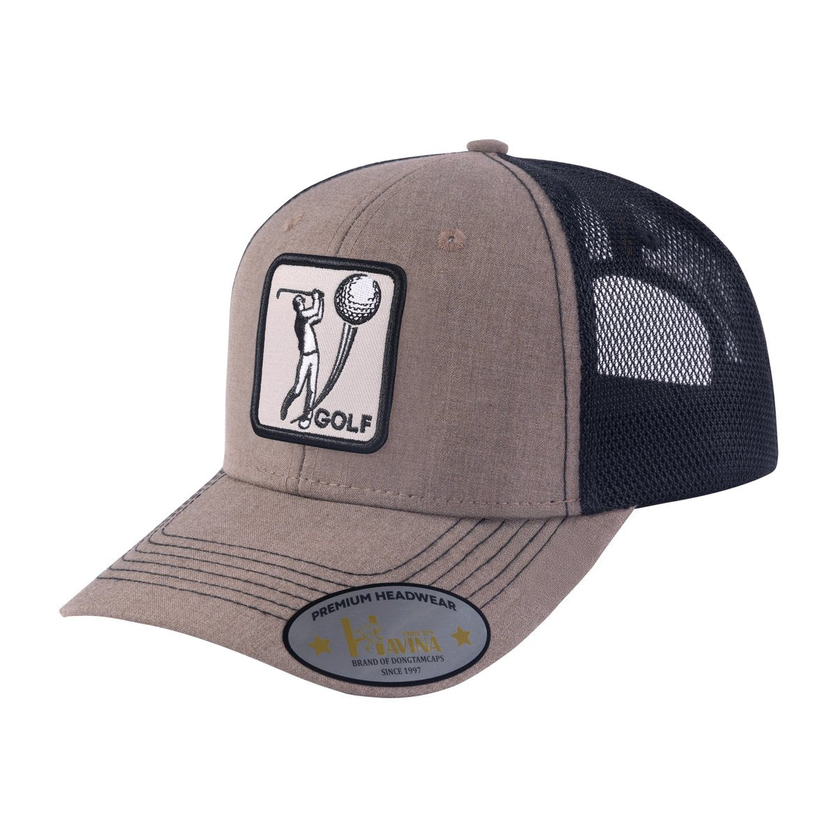Golf 6-Panel Trucker Hat with Light Brown front and Black back
