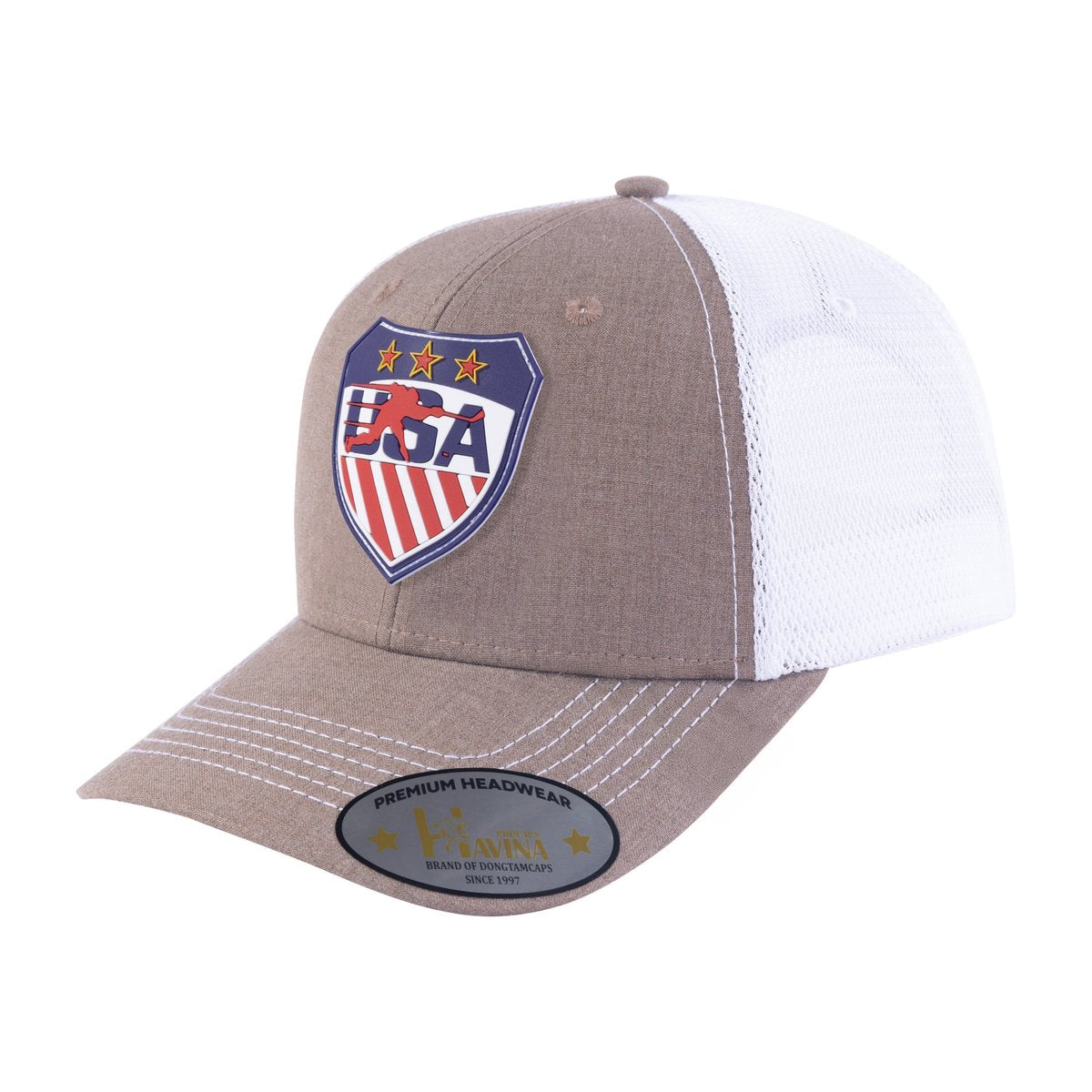 Loving Hockey 6-Panel Trucker Hat with Light Brown front and White back