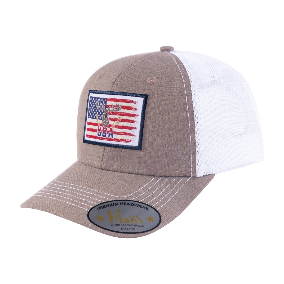 USA Deer Hunter 6-Panel Trucker Hat with Light Brown front and White back
