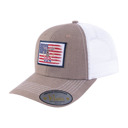USA Deer Hunter 6-Panel Trucker Hat with Light Brown front and White back