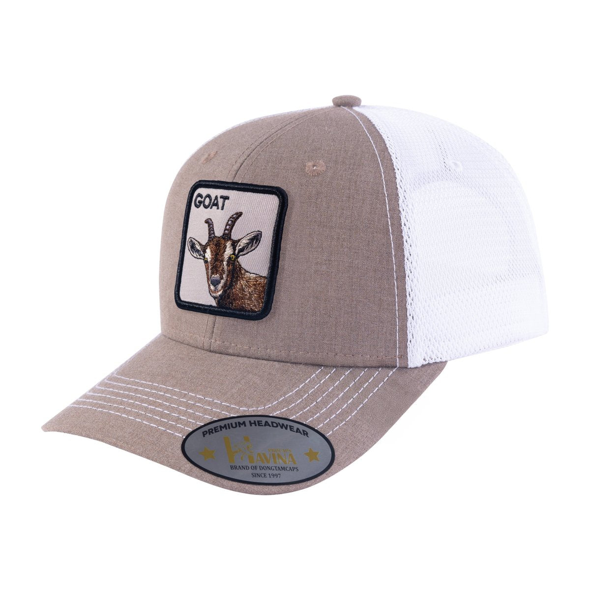 Goat 6-Panel Trucker Hat with Light Brown front and White back