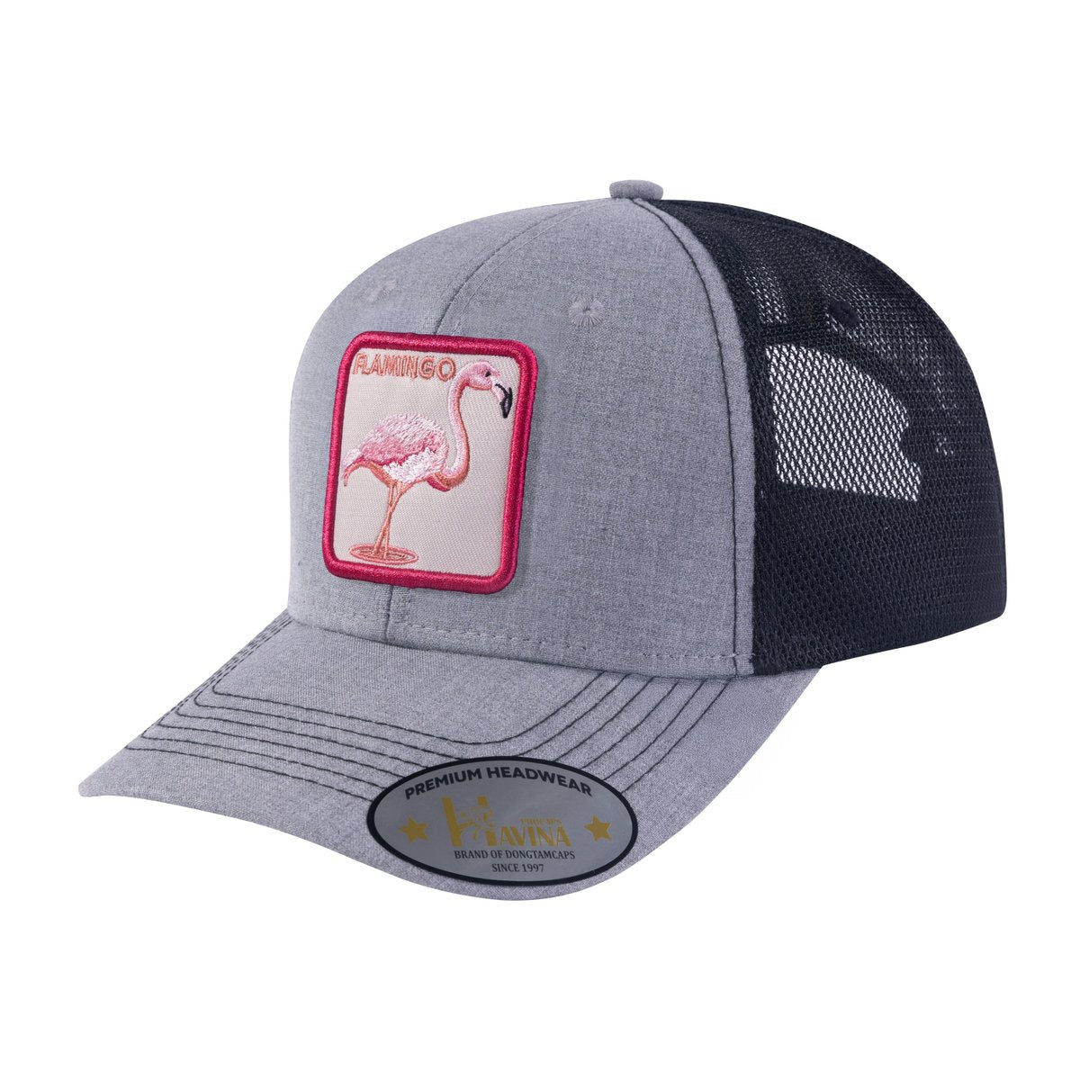 Flamingo 6-Panel Trucker Hat with Light Grey front and Black back