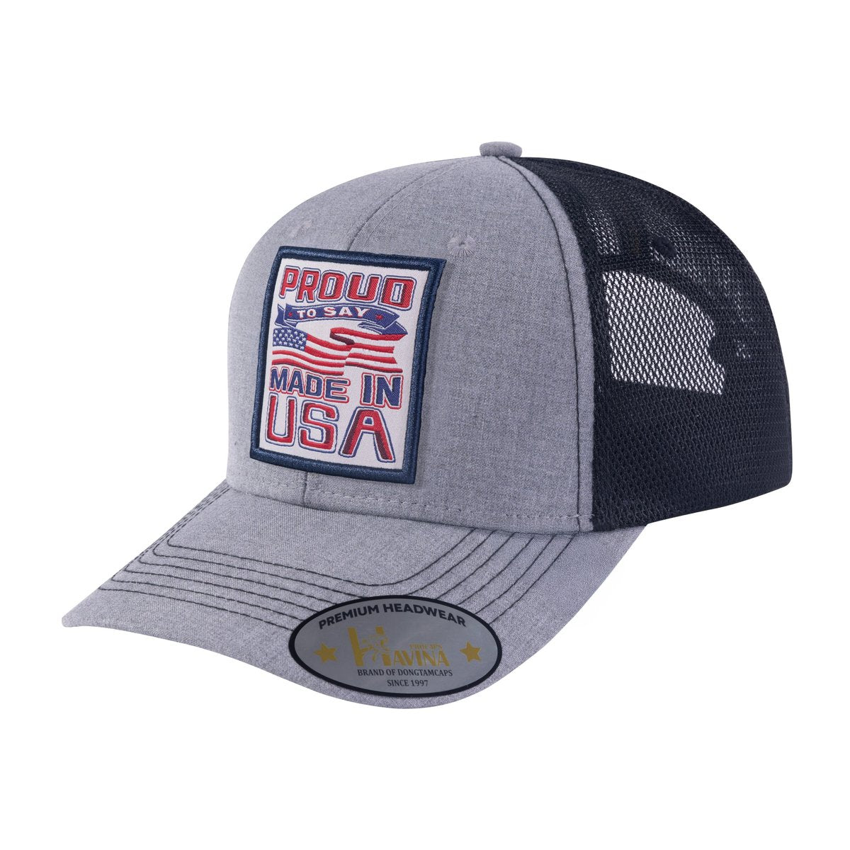 Proud to Say Made in USA 6-Panel Trucker Hat with Light Grey front and Black back