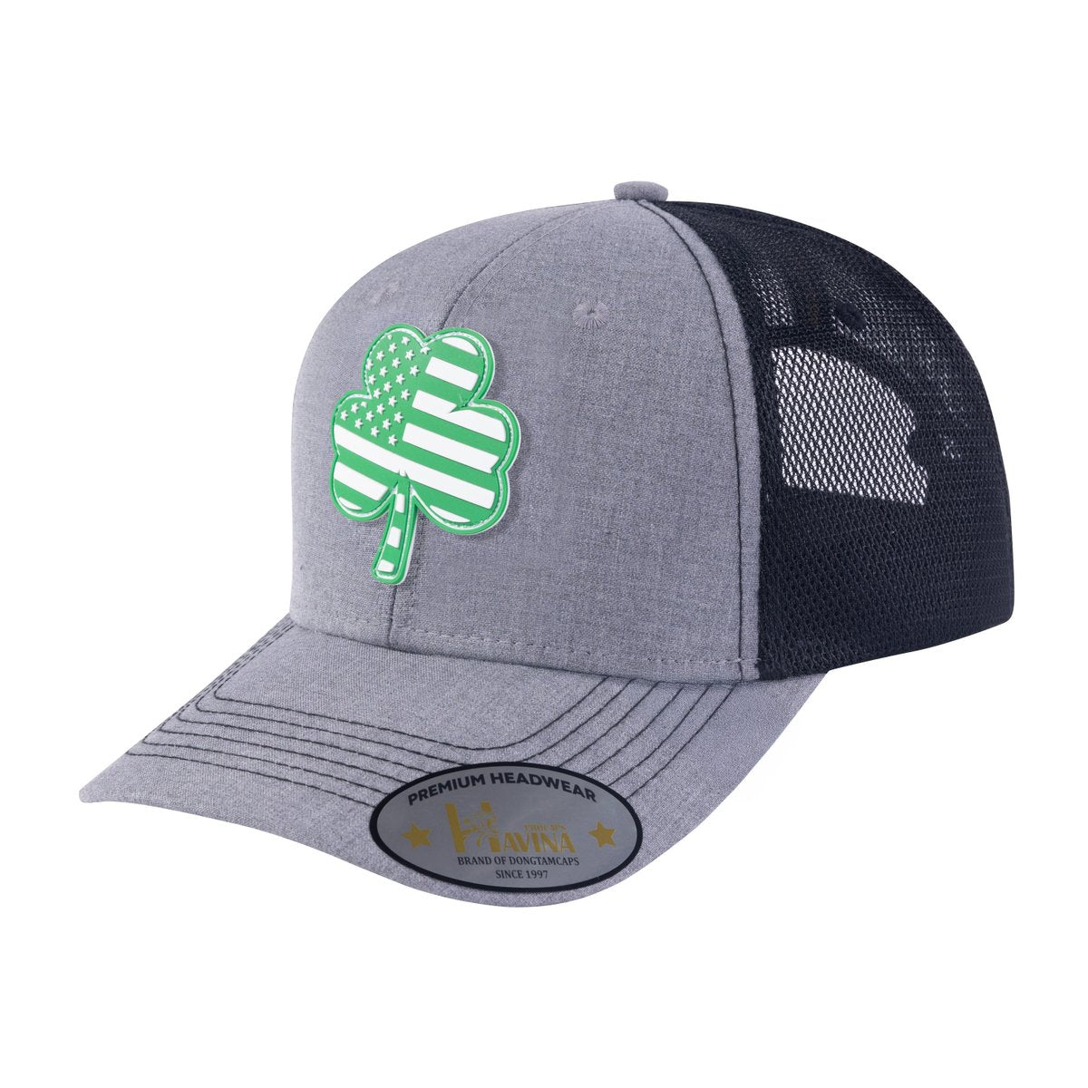 St. Patrick's Day Four Leaf Shamrock 6-Panel Trucker Hat with Light Grey front and Black back