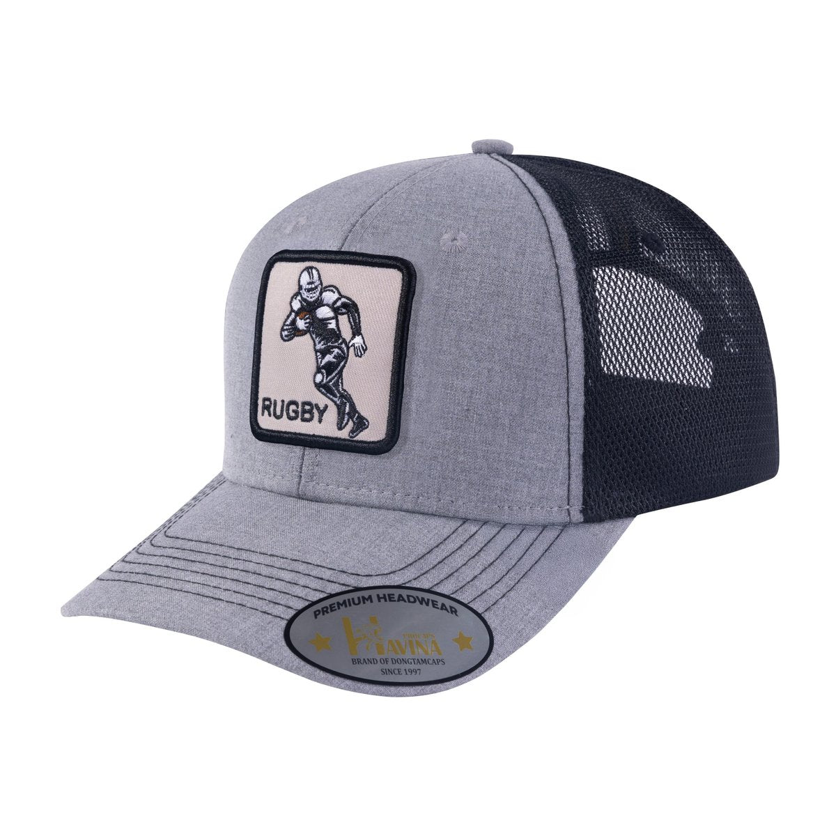 Rugby 6-Panel Trucker Hat with Light Grey front and Black back