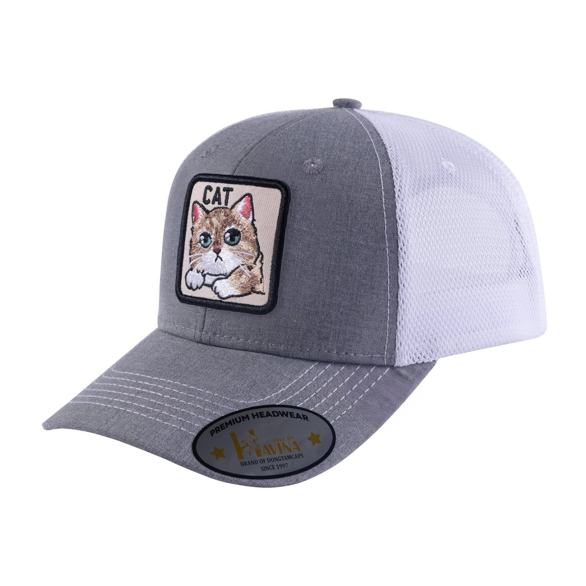 Cat 6-Panel Trucker Hat with Light Grey front and White back