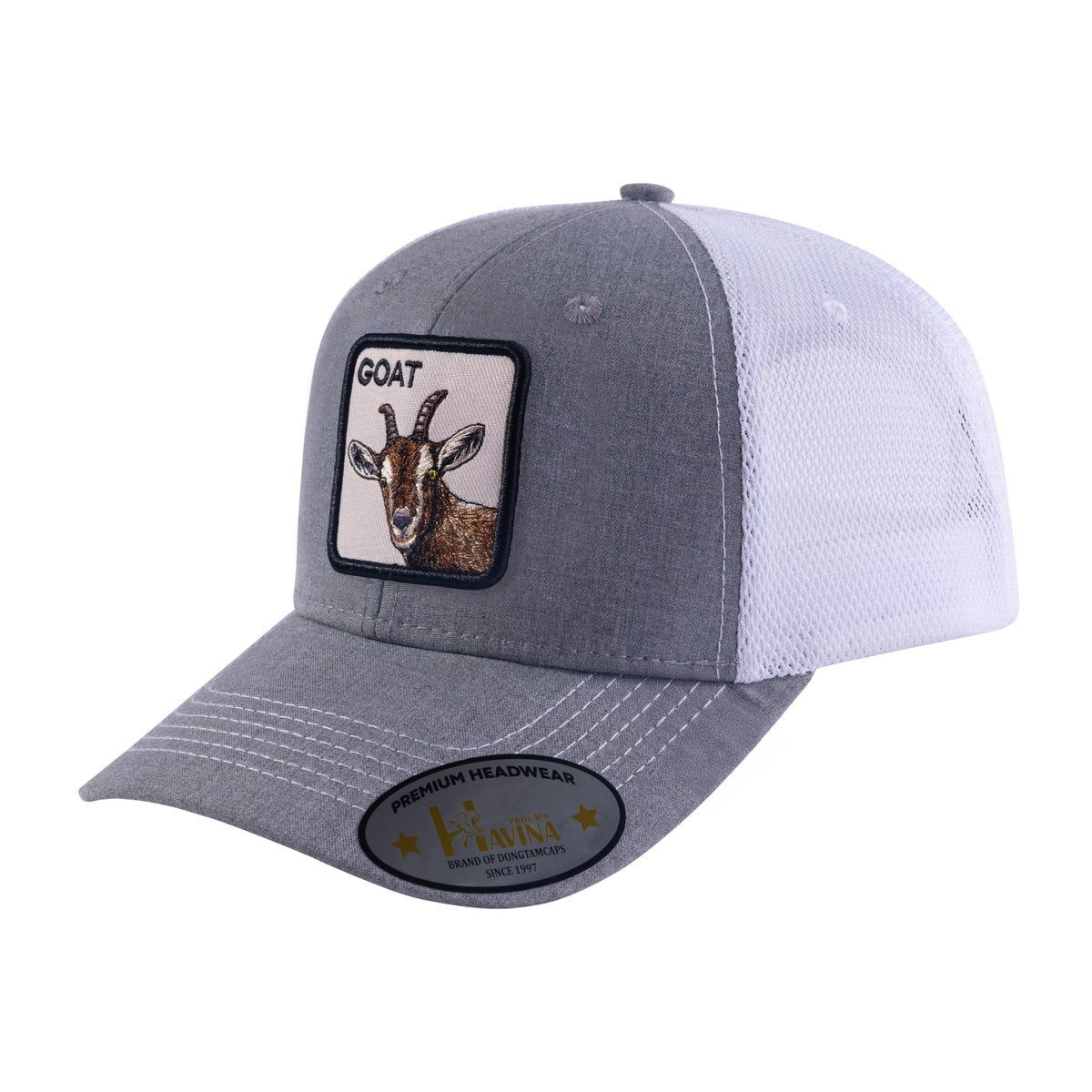 Goat 6-Panel Trucker Hat with Light Grey front and White back
