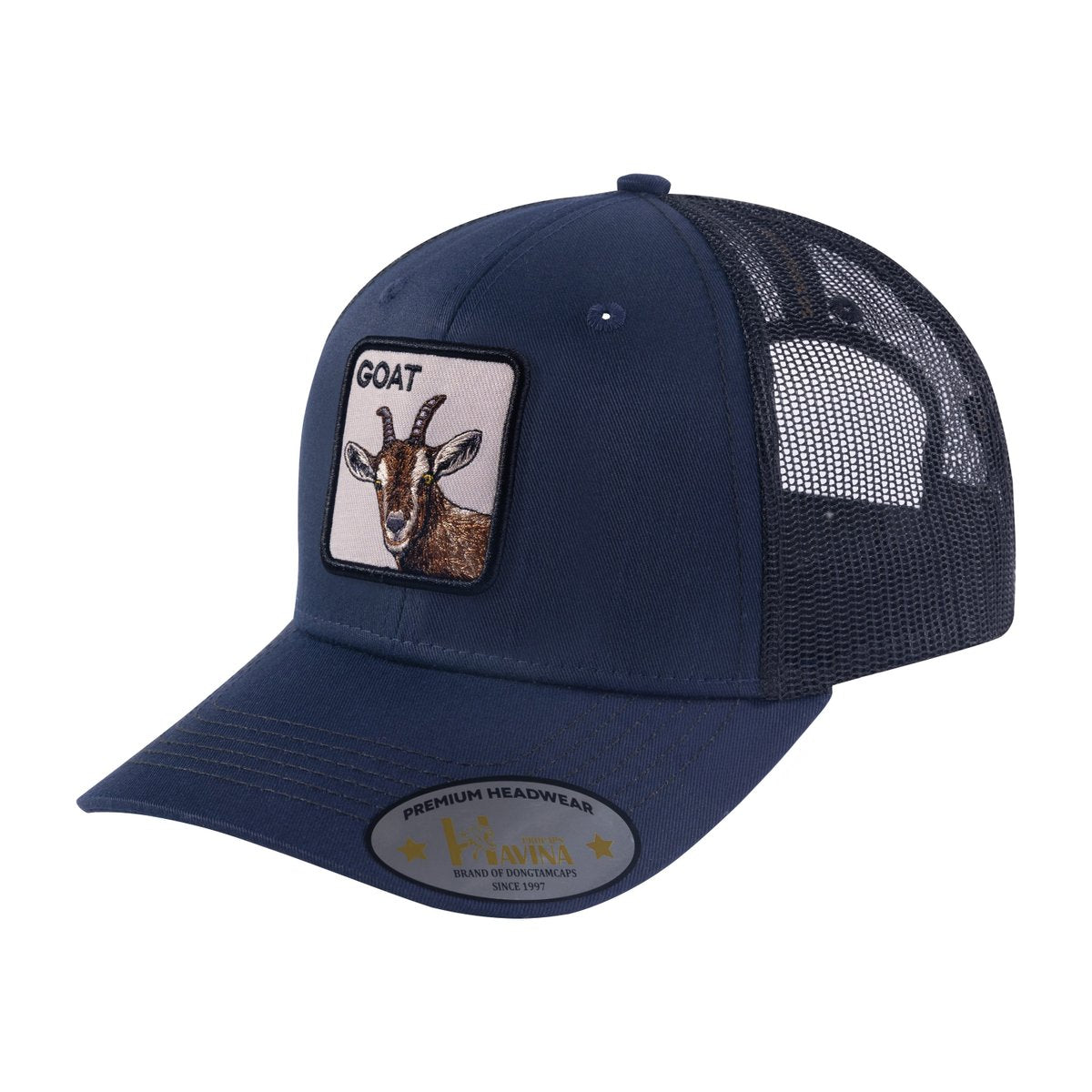 Goat 6-Panel Trucker Hat with Navy front and Black back