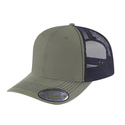 Blank 6-Panel Trucker Hat with Olive front and Black back